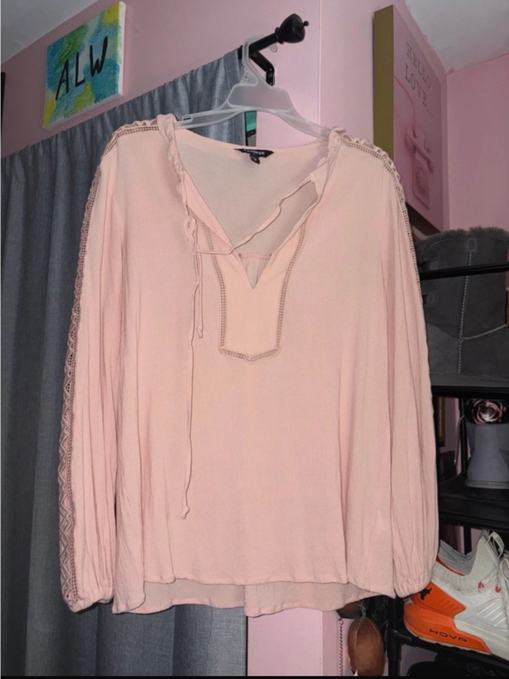 Express Blush Pink Lace-Trim Peasant Blouse